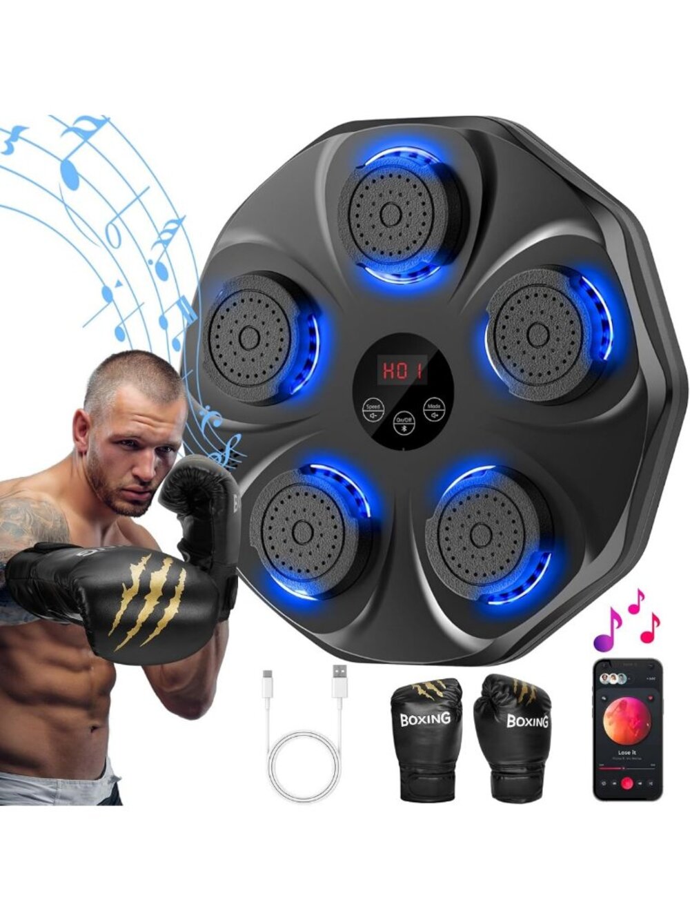 Interactive Punching Trainer - Wall Mounted Boxing Machine with Gloves, 9 Modes